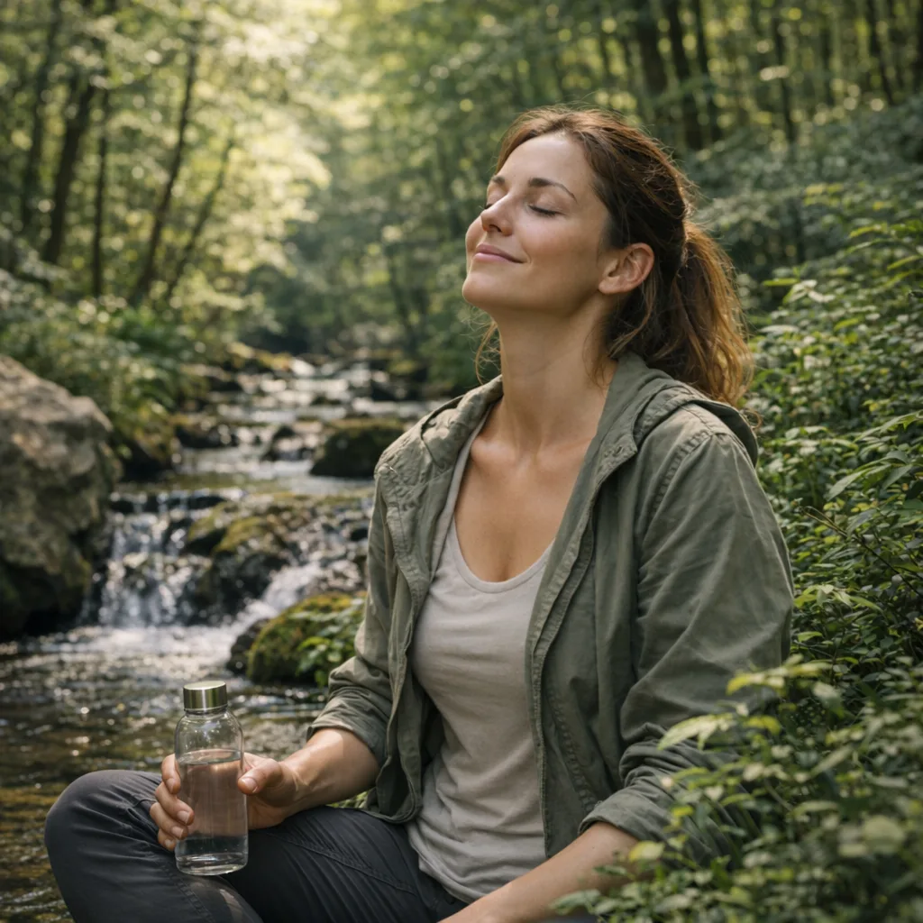 Respiration profonde en pleine nature, femme assise et souriante